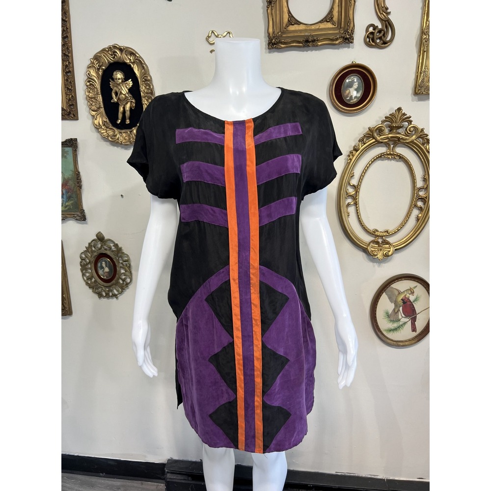 Kelly Wearstler Black Silk & Suede Purple Orange Geometric Colorblock Dress Sz L